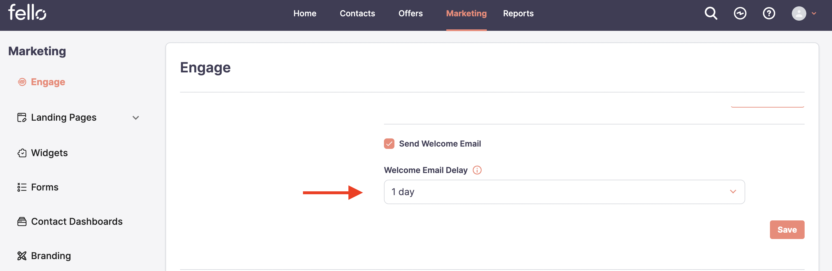Select the welcome email delay from the dropdown