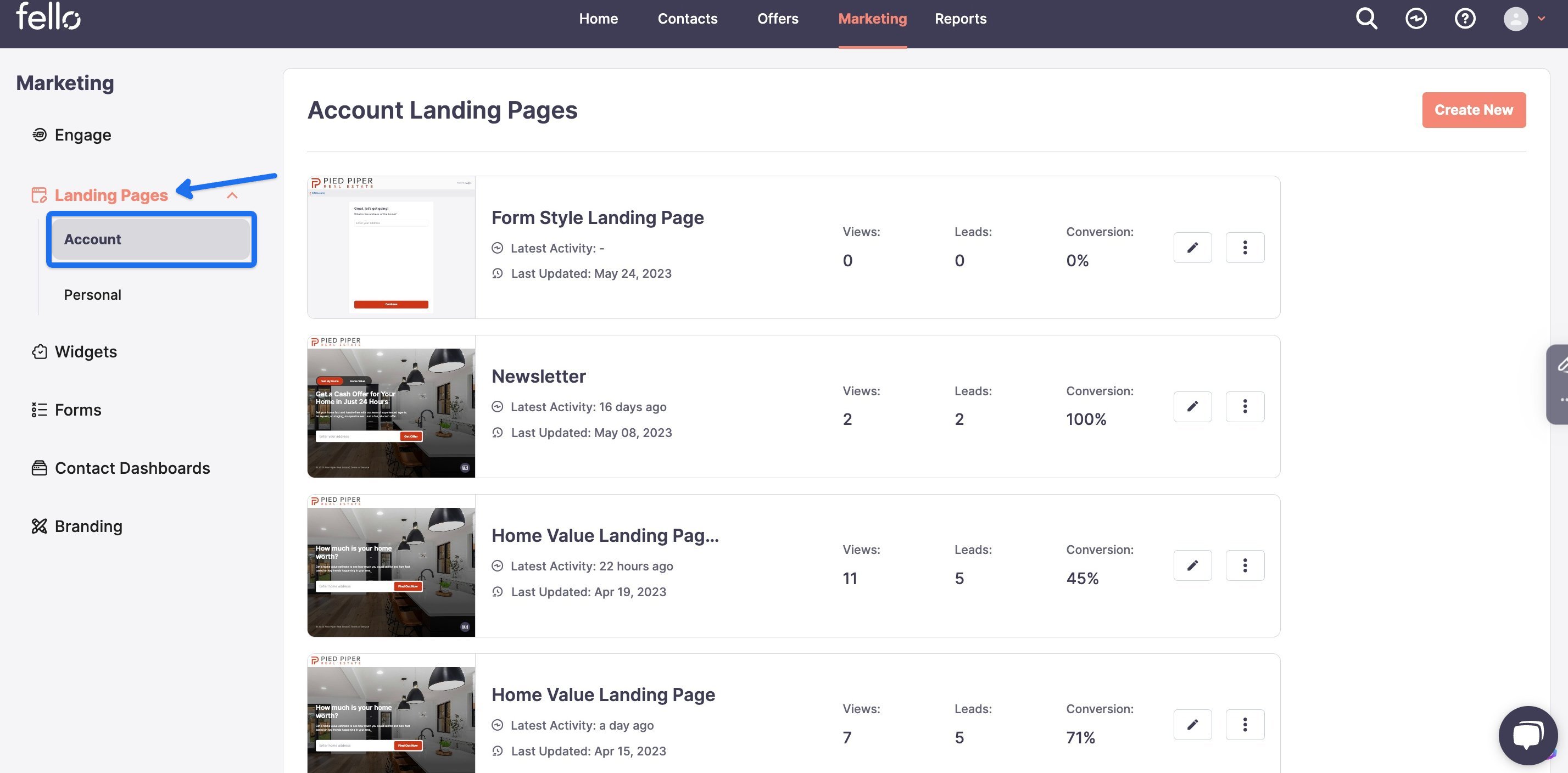 Accounts under Landing Pages in the left pane of marketing tab
