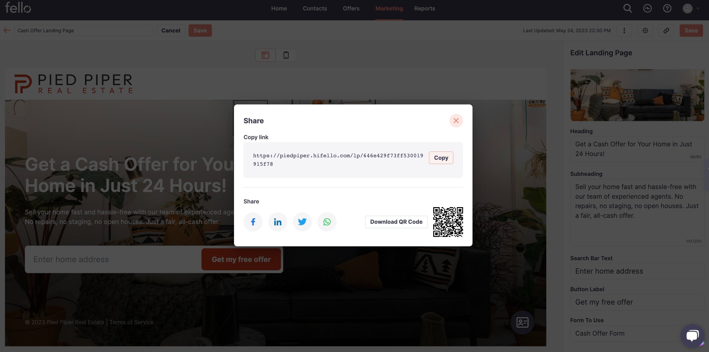 Share pop-up with URL and QR code of the Landing Page