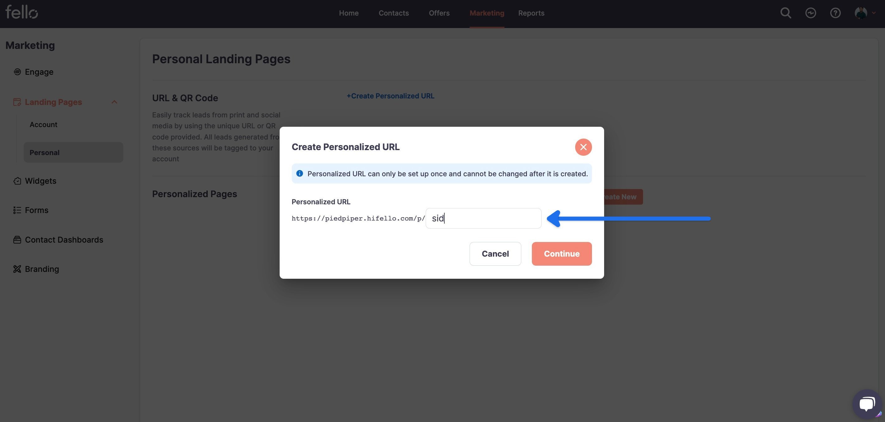 Create Personalized URL pop-up